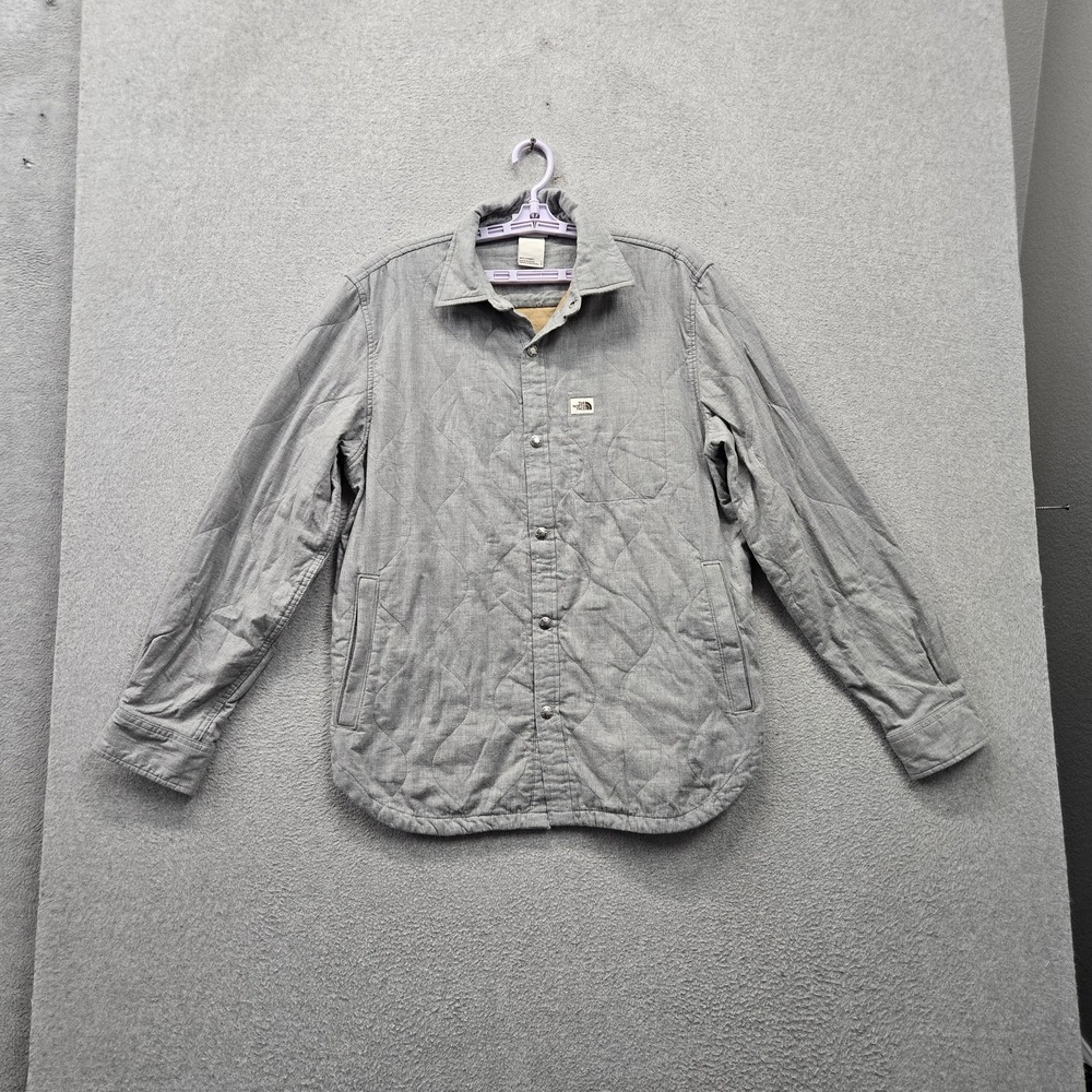 The North Face Men Jacket L Gray Quilted Overshirt Shacket Button Up Logo Collar